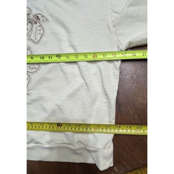 Anthropologie Floral Embroidery/Beaded Sweatshirt Womens S Beige Shimmer Holiday - Picture 9 of 14